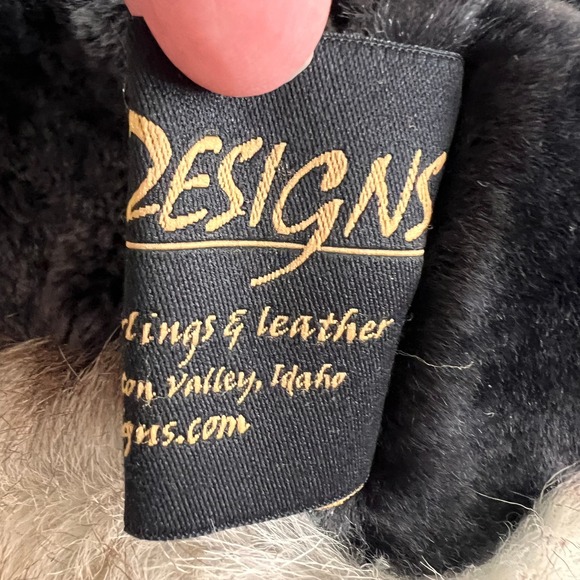 Rita Designs Genuine Shearling Leather Fur Trim Winter Hat Black Tan Handmade